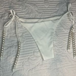 NWOT White Cheeky Bikini Bottom with Pearl Accent Strings